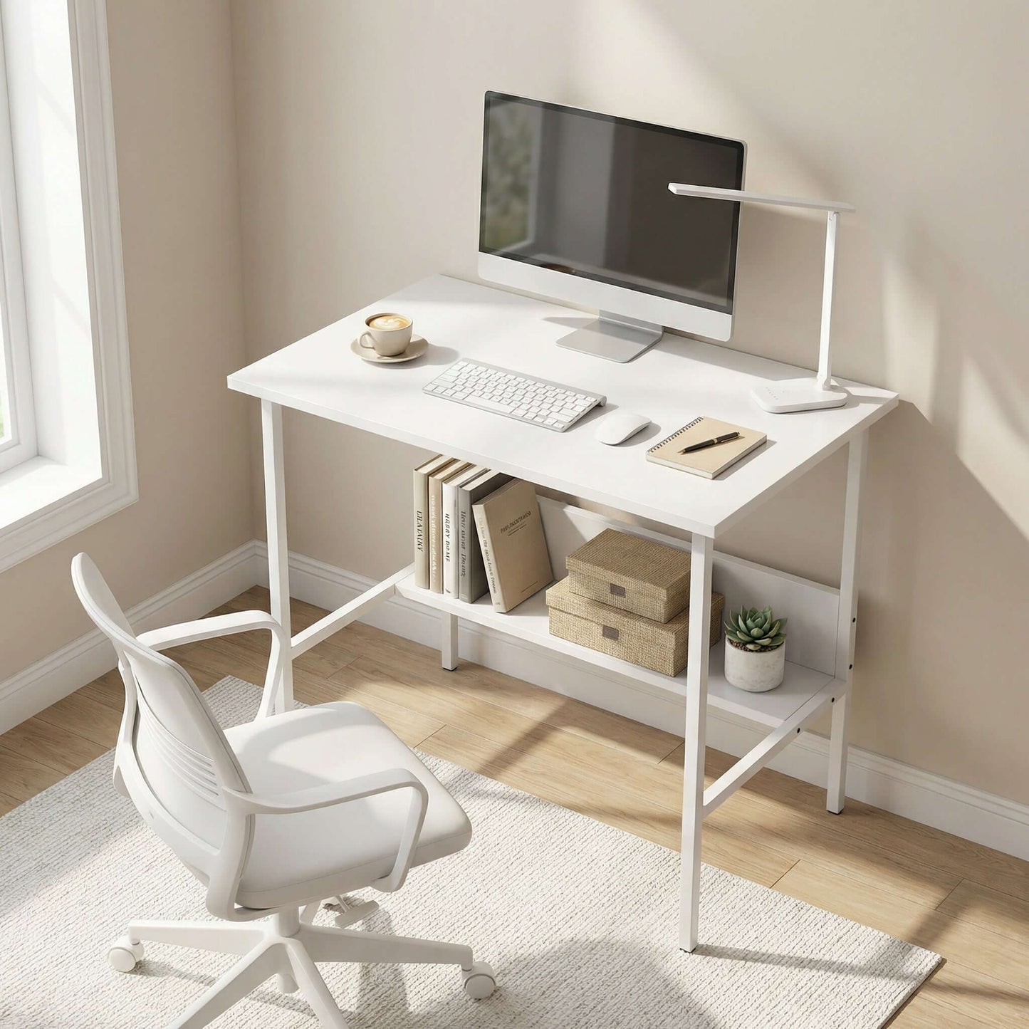 Modern Study Desk with Storage Shelf – Minimal Office Table for Home & Office with white finish and storage.