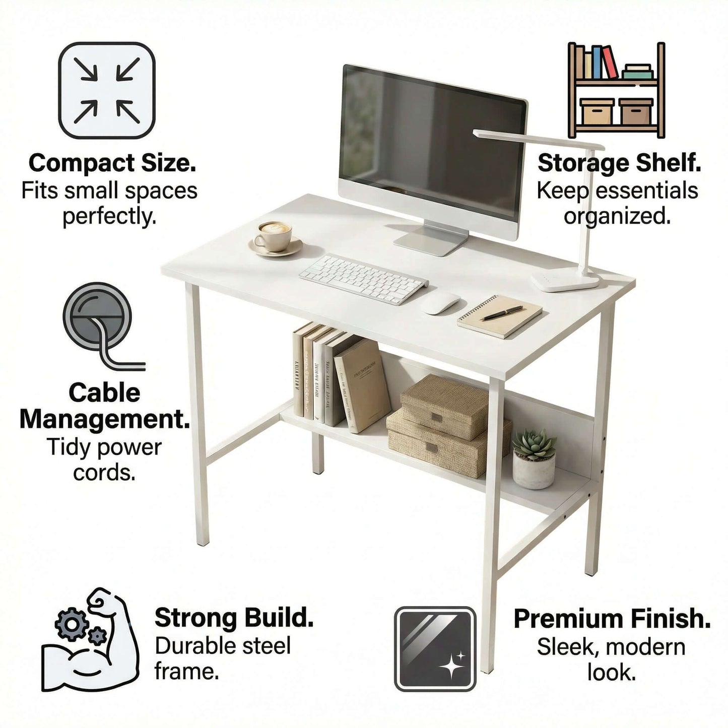 Modern Study Desk with Storage Shelf – Minimal Office Table for Home & Office featuring compact size and storage shelf.