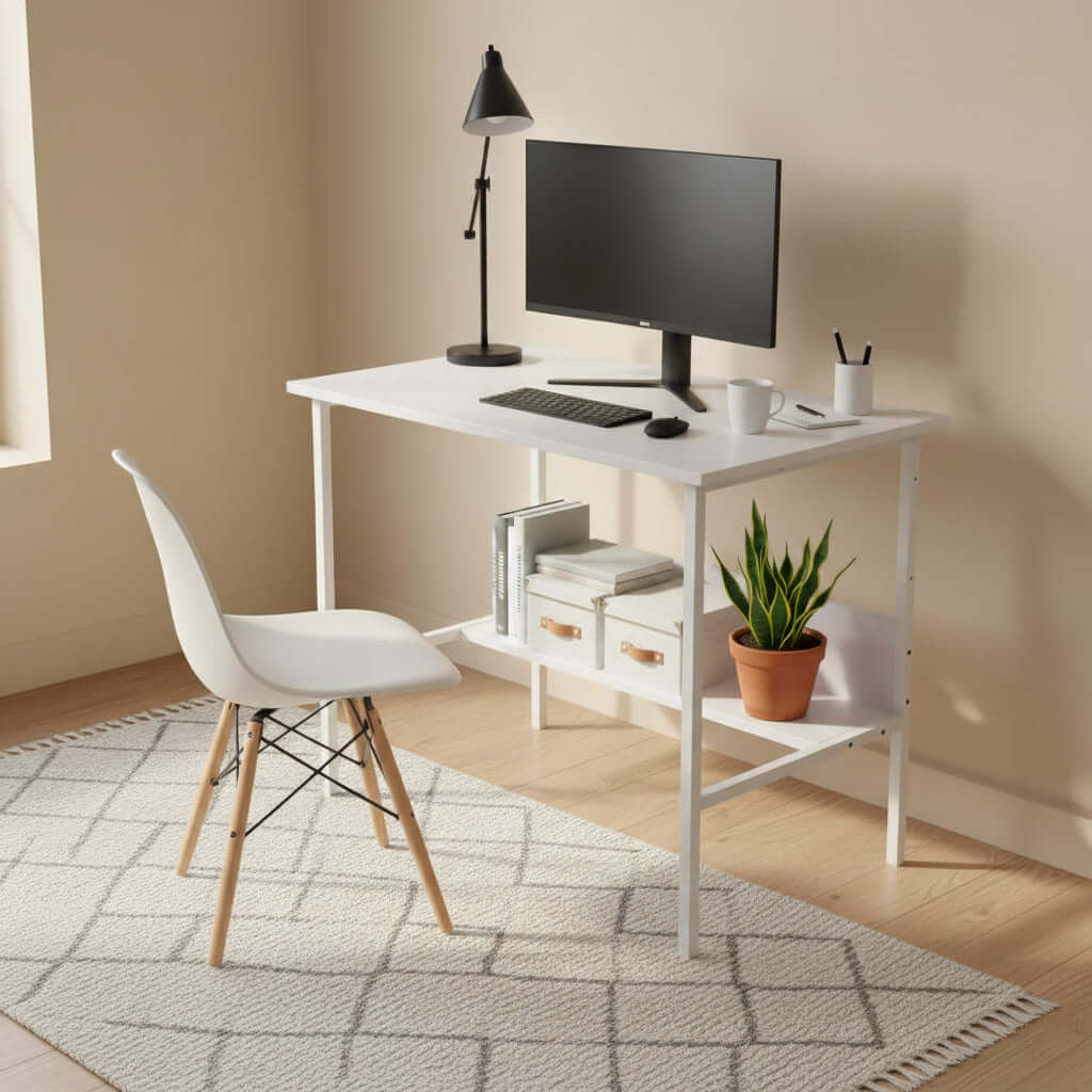 Modern Study Desk with Storage Shelf – Minimal Office Table for Home & Office in a stylish workspace