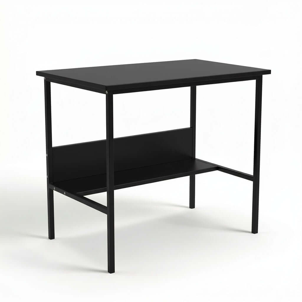 Modern Study Desk with Storage Shelf – Minimal Office Table for Home & Office in black metal design.